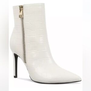 Elegant White Croc-Embossed Stiletto Ankle Boots